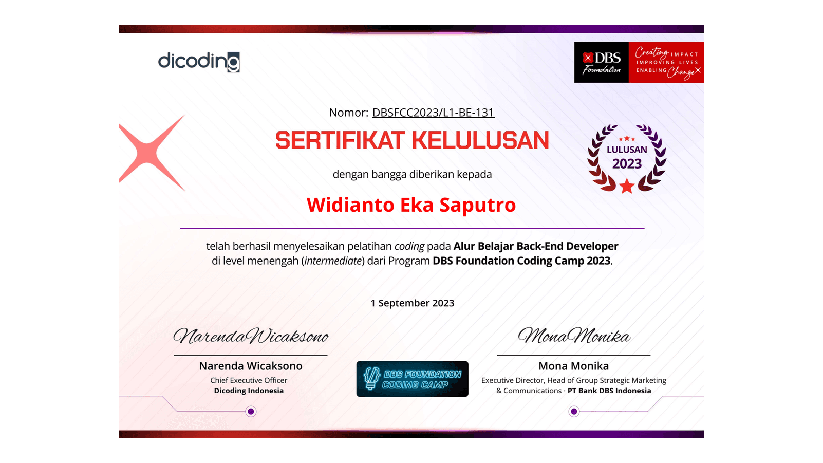 DBS Foundation Coding Camp - Back End Developer (Intermediate)